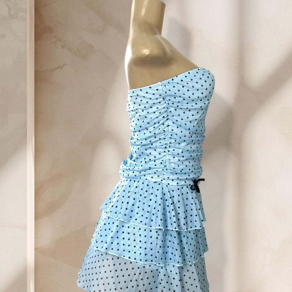 Blue Polka Dot Strapless Mini Dress – Ruched Ruffle Tiered Bow  Y2K Cute ✧ L - Picture 2 of 4